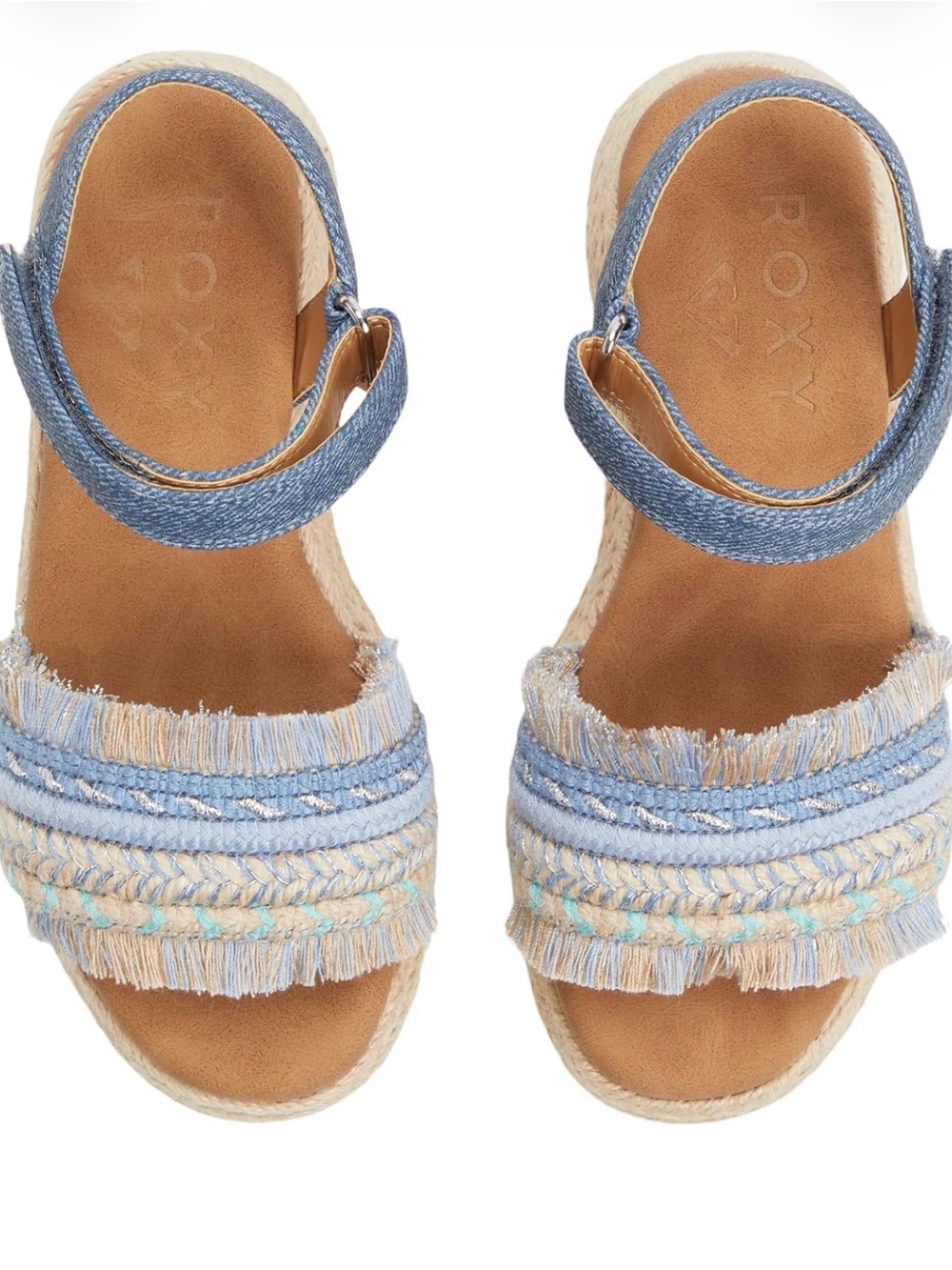 Roxy Ally Espadrille Platform Sandals Blue Denim Fringe Girls Size 11 NIB